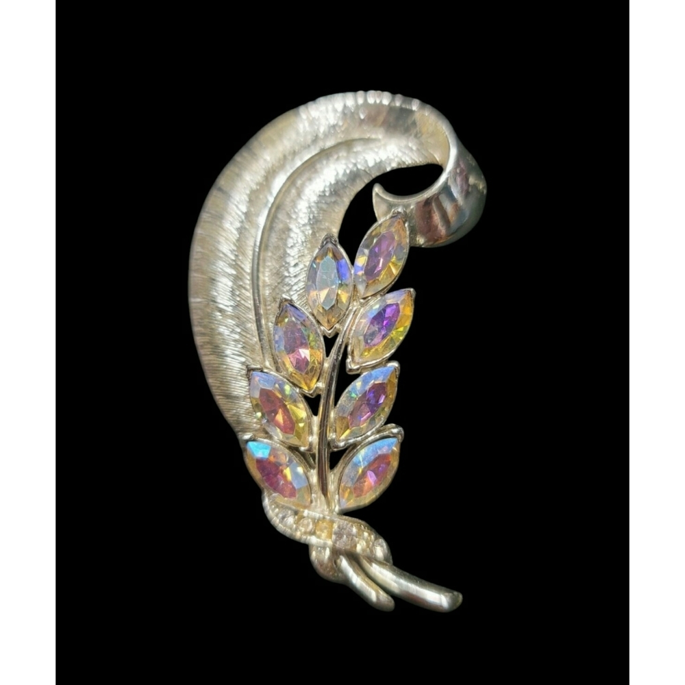 Coro Gold Brooch with Intricate Feather Design and Iridescent Crystals